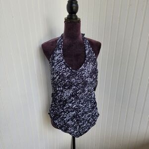 NWT NOON SWIM Women's Ruched Halter 1 Piece Swimming Suit Black White Sz 18